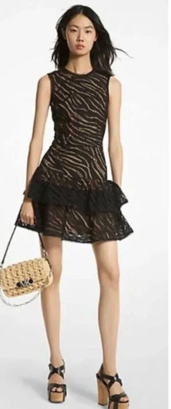 MICHAEL Michael Kors Zebra Eyelet Cotton Cutout Dress Black Tan Size 4 NEW